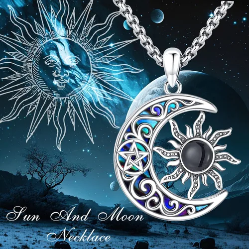 Vista 136 de Collar de pentagrama de plata de ley con triple luna, diosa celta, nudo celta, nudo de brujas, Ankh, sol y luna, Hécate, lilith, Santa Muerte