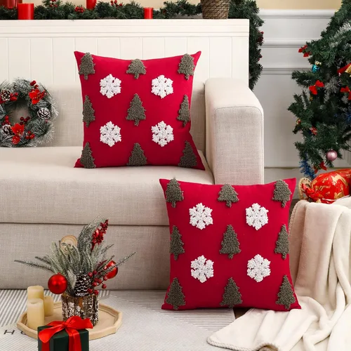 Vista 4 de Juego de 2 fundas de almohada acolchadas de Navidad de 20 x 20 pulgadas, árbol de Navidad rojo con copo de nieve, funda de almohada para fiesta