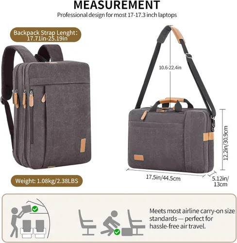 Vista 5 de ESTARER Bolsa de computadora portátil para hombres 3 en 1, bolsa de mensajero para portátil de 17-17.3 pulgadas para negocios, trabajo, viajes