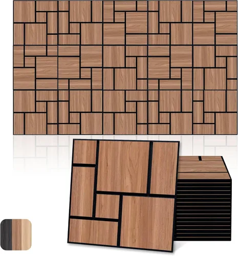 Vista 18 de Paneles acústicos, decoración de grano de madera de PVC, azulejos de pared con patrón tallado de 12 x 12 pulgadas, autoadhesivos para reducción