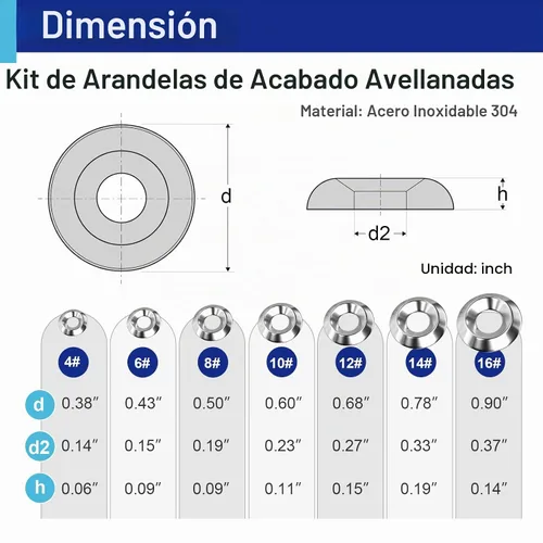 Vista 2 de Surtido de 280 arandelas con acabado avellanado, 7 tamaños SS