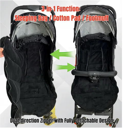 Vista 4 de Saco universal grueso impermeable para cochecito – 3 en 1, saco de dormir para cochecito y almohadilla de algodón con cubierta resistente al viento
