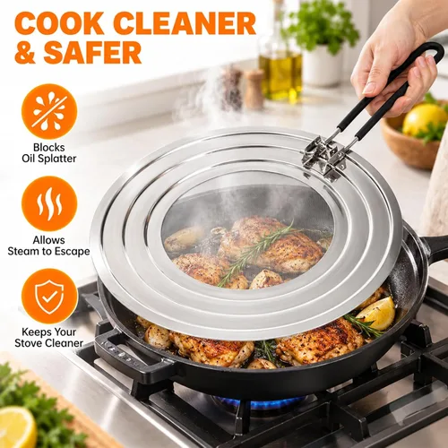 Vista 5 de Pantalla de salpicaduras de acero inoxidable para sartén Protector de Alfombrilla de enfriamiento para colador de alimentos con cubierta de mango