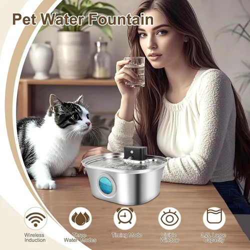 Vista 2 de Fuente de agua inalámbrica para gatos, acero inoxidable, dispensador de agua grande de 3.2 L para perros con boquilla, alimentador automático