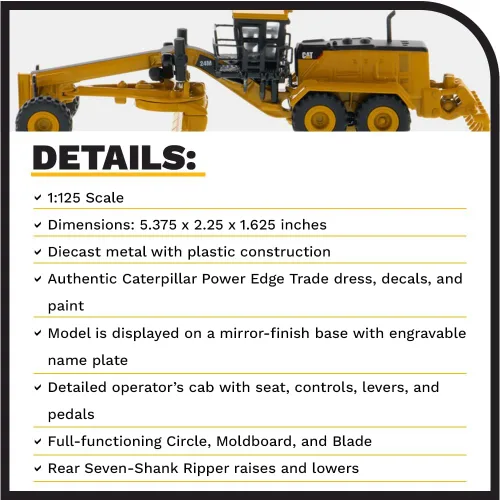 Vista 4 de Diecast Masters 1:125 Caterpillar 24M Motoniveladora, Elite Series Cat Truck Camión de construcción coleccionable modelo a escala, 85539