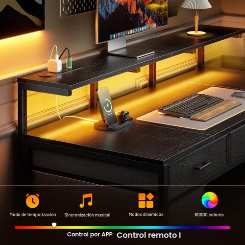 Vista 4 de HLDIRECT Escritorio para computadora de 47 pulgadas con 8 cajones de almacenamiento, escritorio para juegos con luces LED y tomas de corriente USB