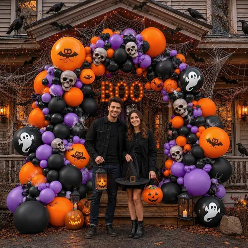 Vista 7 de Kit de arco de globos de color morado y naranja, guirnalda de globos de doble relleno, color morado y naranja quemado, negro, para Halloween