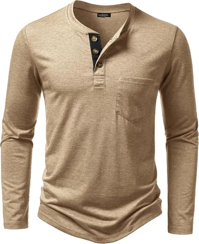 Vista 16 de LucMatton - Camiseta Henley para hombre, ligera, casual, elástica, ajuste entallado, manga larga, con bolsillo Verde militar