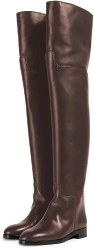 Vista 11 de YDN Botas planas de pantorrilla ancha para mujer, con puntera redonda, por encima de la rodilla, con tacón bajo, botas altas hasta el muslo, zapatos