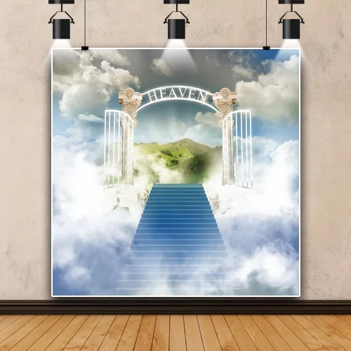 Vista 7 de Telón de fondo del cielo de 5x3 pies Puerta del cielo Puerta del paraíso Fondo fotográfico para niños, alfombra de baby shower, pancarta