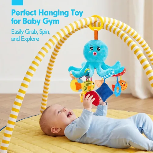Vista 10 de Hahaland - Juguetes para bebés de 0 a 6 meses, asiento de automóvil, juguete de pulpo de peluche con cuerdas de tracción Infant Hanging Toy for