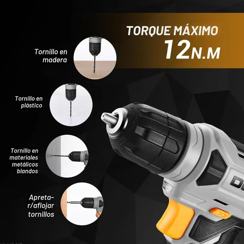 Vista 6 de Taladro inalámbrico DEKOPRO de 8 V, juego de taladro con mandril sin llave de 3/8 pulgadas, 42 piezas de accesorios, LED incorporado, cable de carga