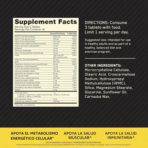 Vista 2 de Optimum Nutrition Opti-Men, Vitamina C, Zinc y Vitamina D, E, B12 para Apoyo Inmunológico Suplemento Multivitamínico Diario para Hombres, 90