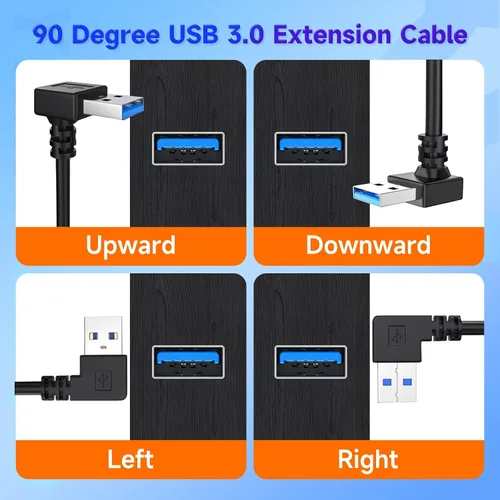 Vista 3 de Cable de extensión USB3.0 en ángulo descendente, cable de extensión USB A hembra a USB-A macho, cable extensor con contactos chapados en oro