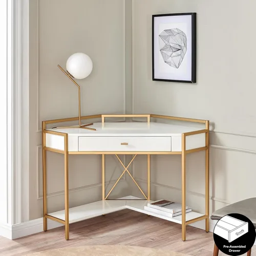 Vista 2 de Leick Home 9230-WTGL Claudette - Escritorio de oficina con esquina de metal y madera mixta con cajón frontal para teclado, blanco/dorado satinado