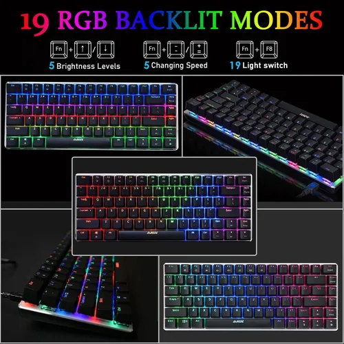 Vista 2 de LexonElec AK33 - Teclado mecánico RGB para juegos, 82 teclas, mini teclado compacto para computadora, 20 LED, retroiluminado, negro, teclado