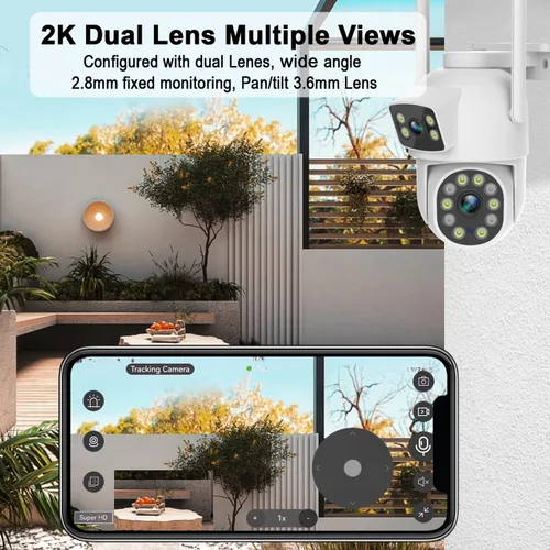 Vista 2 de Cámara de seguridad para exteriores de doble lente 2K, panorámica/inclinación de 360°, cámaras de enlace inalámbrico WiFi 2.4G para seguridad