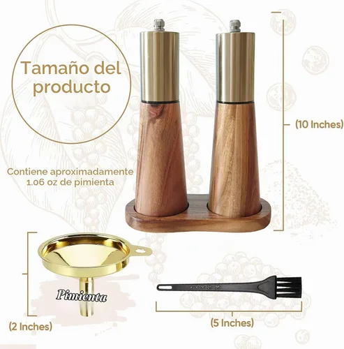 Vista 4 de Juego de molinillo de sal y pimienta dorado, molinillo de pimienta de madera, molinillo manual de sal y pimienta, grosor ajustable, parte superior