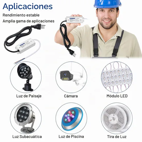 Vista 6 de Controlador LED de 24 vatios impermeable IP67, fuente de alimentación de 12 V CC 2A, convertidor de 120 V CA a 12 V CC, con enchufe de 3 clavijas