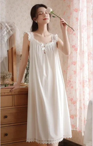 Vista 2 de Sharebeauty Camisón de algodón estilo princesa victoriana para mujer, ropa de dormir vintage