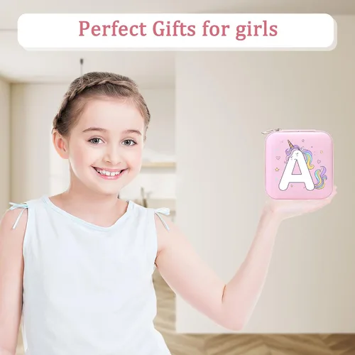 Vista 3 de Joyero de viaje con inicial de unicornio Mini joyero portátil organizador de joyas Regalos personalizados para niñas (letra A)