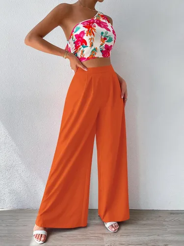 Vista 6 de Floerns Conjunto de dos piezas para mujer con un hombro y pantalones largos de pierna ancha