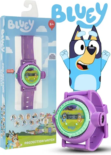 Vista 4 de Bluey - Reloj de proyección para niños con pantalla LCD, 10 divertidas imágenes azules, proyector iluminado, correa de plástico ajustable