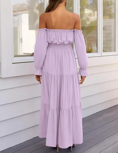 Vista 131 de ZESICA - Vestido largo, bohemio y sexy, con hombros descubiertos y manga larga fruncida, con elástico fruncido, cintura alta y abertura lateral