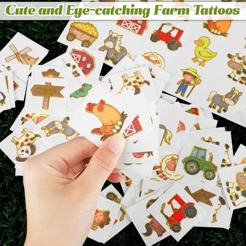 Vista 5 de ADXCO 144 tatuajes para fiesta de granja, tatuajes temporales de animales de granja con purpurina dorada para niños, decoración de cumpleaños