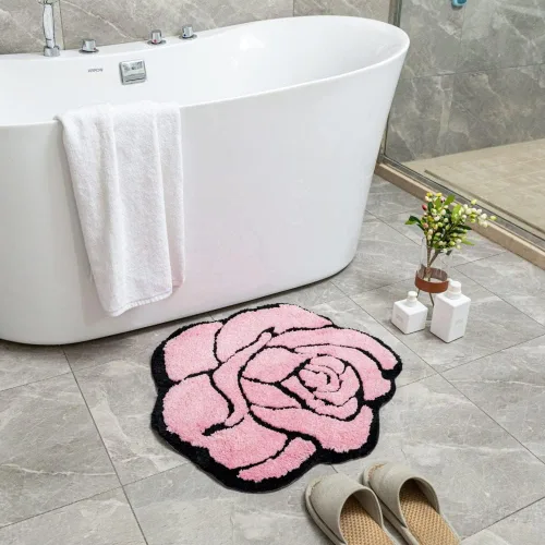 Vista 2 de Bonita alfombra de baño rosa para baño, antideslizante, absorbente, con forma de flor, alfombra de ducha esponjosa, decoración floral, alfombra