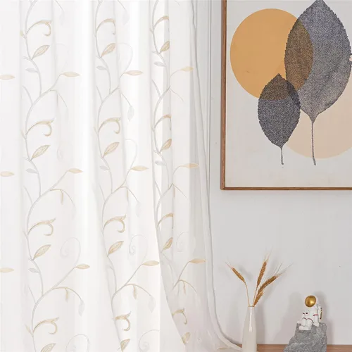 Vista 50 de VISIONTEX 2 paneles de cortinas traslúcidas de 63 in de largo, cortinas de gasa semitransparentes bordadas con hojas florales beige, bolsillo