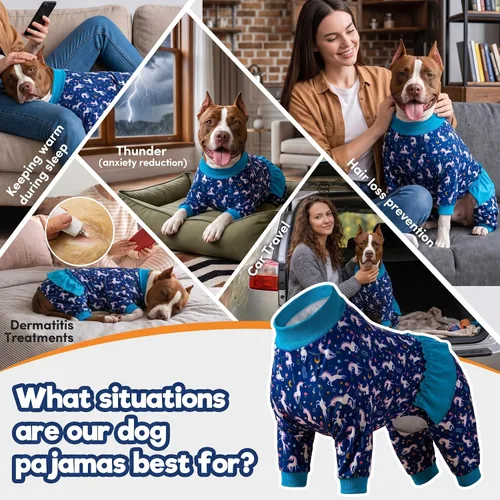 Vista 5 de LovinPet Pijamas Grandes para Perros – Camisa de unicornio para perro, mameluco de recuperación poscirugía, sirenas y unicornios estampado Azul