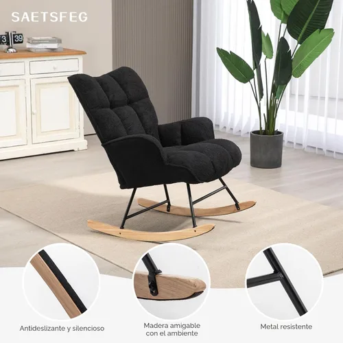 Vista 4 de SAETSFEG Mecedora tapizada con respaldo alto, cómodo y elegante sillón con asiento acolchado para salas de estar, color negro