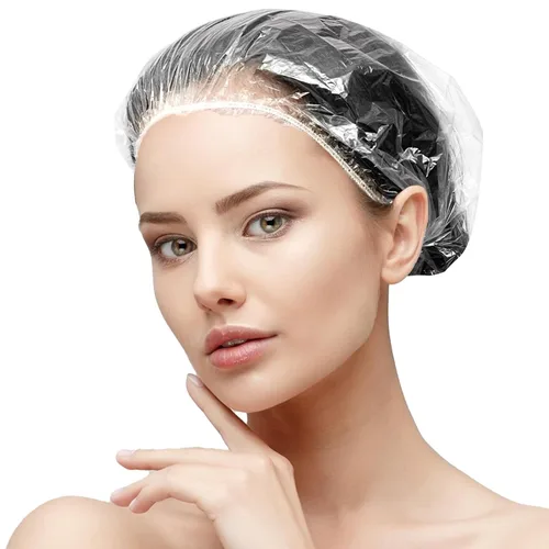 Vista 6 de 100 piezas de gorras de ducha más grandes desechables, gorras de baño de plástico elástico impermeables más gruesas, gorras de pelo de plástico