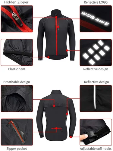 Vista 4 de WOSAWE Chaqueta de ciclismo para hombre, rompevientos ultraligera reflectante