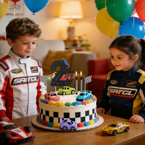 Vista 6 de Decoración para tartas de auto de carreras, 15 piezas, decoración de cumpleaños de autos de carreras, velas de cumpleaños falg a cuadros