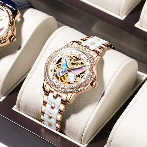 Vista 5 de OLEVS Reloj de moda para mujer, relojes automáticos para mujer, de cuerda automática, de cerámica, acero inoxidable, impermeable, luminoso, diamantes