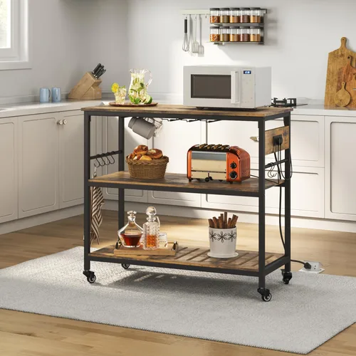 Vista 9 de Yaheetech - Carrito de isla de cocina con toma de corriente, 3 estantes, color marrón rústico 40 Inches Rolling Kitchen Island With Storage,3-Tier