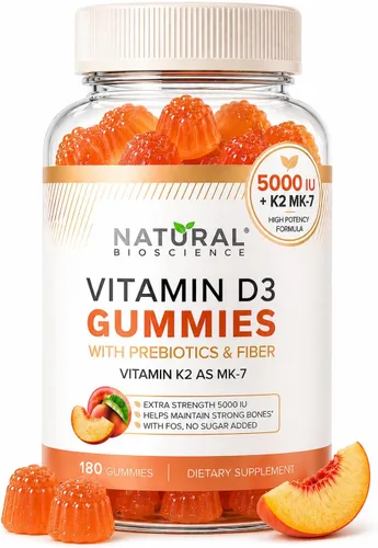 Vista 9 de Gomitas de vitamina D3 K2 sin azúcar 5000 UI + K2 MK7 80 mcg - Gomitas de vitamina D para adultos con prebióticos y fibra - Apoya los huesos