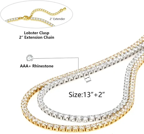 Vista 2 de HERIER Tennis Necklace for Women 14K Gold Plated or Silver Rhinestone Choker Necklaces Dainty Zirconia Cut Faux Diamond chain 3mm