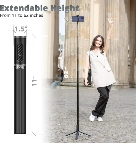 Vista 2 de KraftGeek Trípode para teléfono Selfie Stick de 62 pulgadas, soporte para teléfono celular iPhone y Android, control remoto inalámbrico, soporte