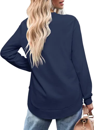 Vista 4 de OFEEFAN Sudadera de manga larga con cuello redondo para mujer, dobladillo curvado