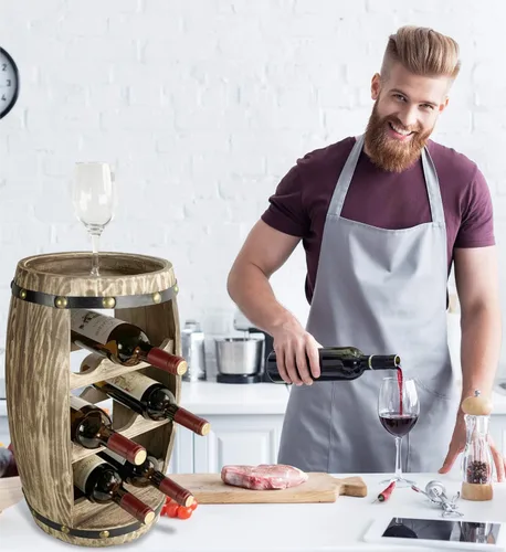 Vista 7 de Moderno Alexander - Soporte de vino de barril de madera independiente para 8 botellas de vino, soporte para botellas, soporte de suelo, estante