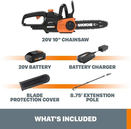 Vista 5 de Worx WG323 20V Power Share Sierra de poste/cadena inalámbrica de 10" con tensión automática (batería y cargador incluidos) Alcance extra de 12