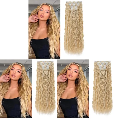 Vista 16 de Extensiones de cabello con clip, 6 unidades, extensiones de cabello largas con ondas de sirena, sintético, postizo para mujer, 24 pulgadas
