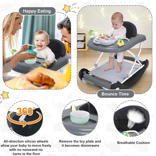 Vista 6 de Andador de bebé plegable 5-en-1 de Pawtong - Balancín, centro de actividades, saltarín, asiento de caminador, andador con empuje - Ruedas traseras