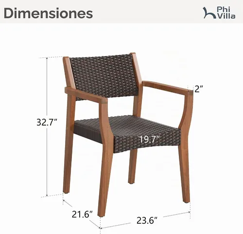 Vista 2 de PHI VILLA Sillas de comedor de madera de acacia para patio con asiento y Madera oscura y mimbre
