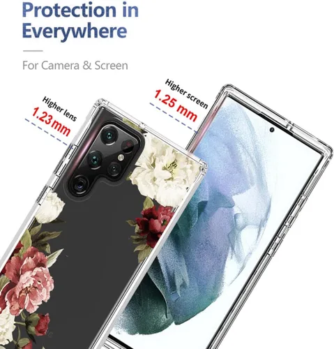 Vista 2 de Funda para Galaxy S22 Ultra 5G SM-S908U con protector de pantalla de vidrio templado, bonito patrón floral transparente, funda protectora de cuerpo