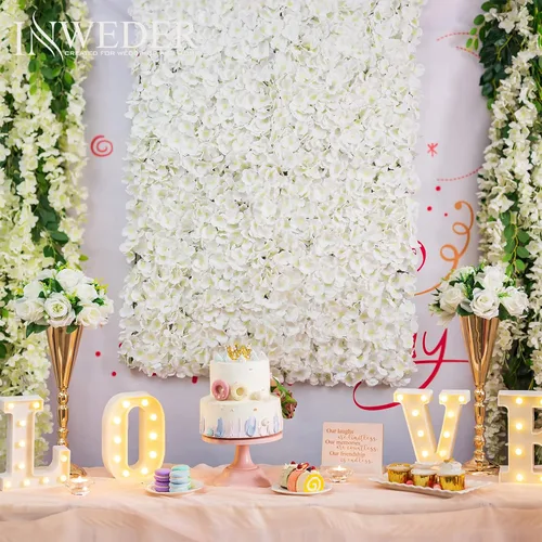 Vista 3 de Inweder Panel de pared de flores, decoración floral blanco marfil, flores falsas, fondo de hortensias artificiales 3D para bodas, fiestas, 6 piezas