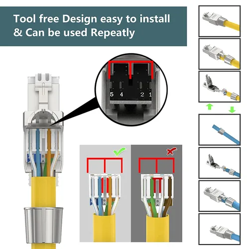 Vista 6 de VCELINK Conectores RJ45 Cat6A sin herramientas, tapones de terminación Ethernet blindados reutilizables para cable SFTP UTP de 23 AWG, enchufe
